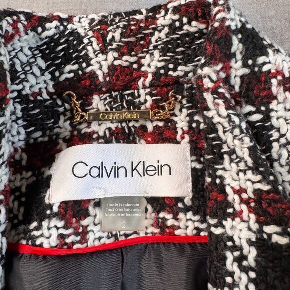 Calvin Klein Plaid Tweed Topper Jacket Womens 2 Red Black White Long Blazer Coat - Picture 3 of 12